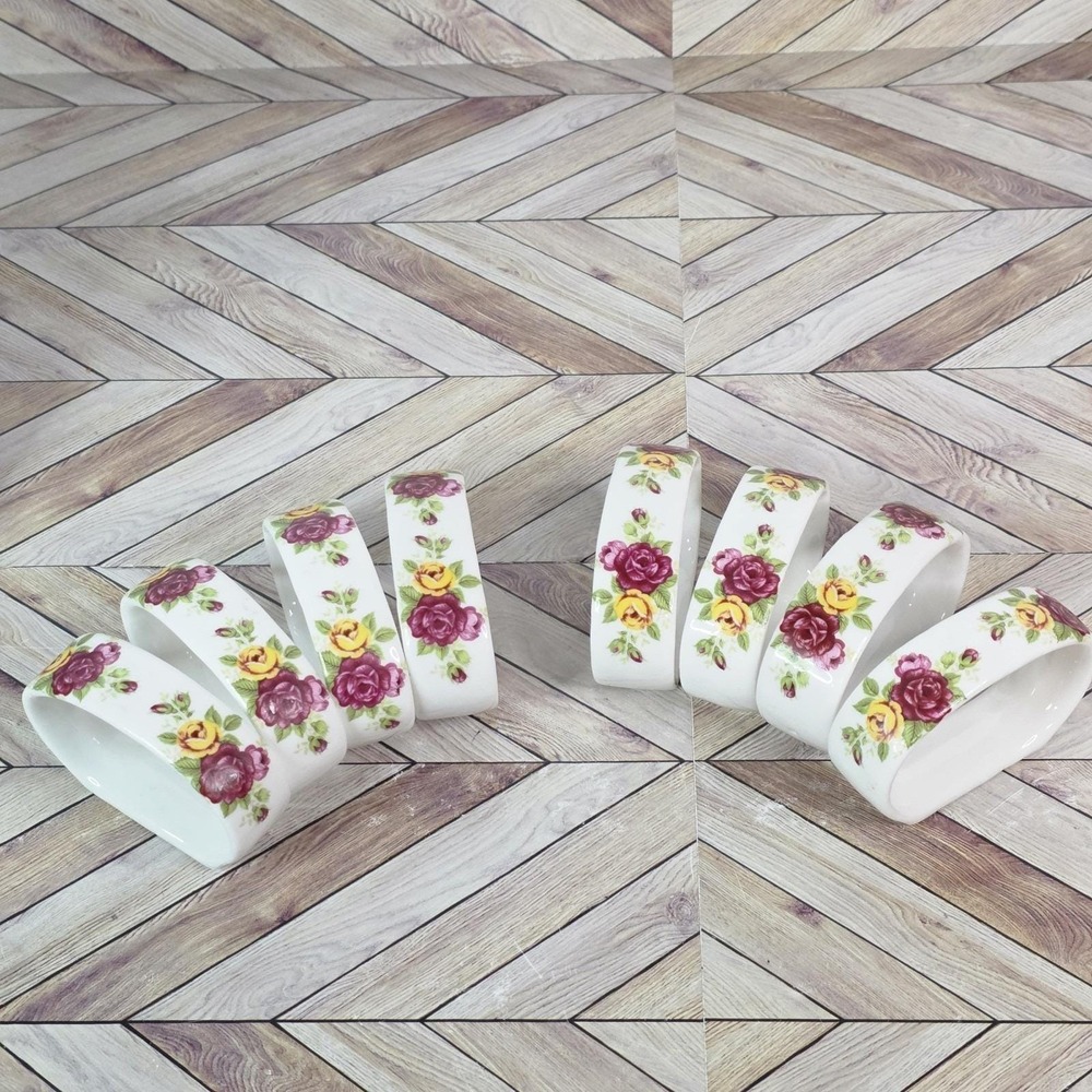 Lot 8 VTG MCM Porcelain Napkin Rings Holders Roses Maroon Yellow Fine Bone China - Picture 2 of 9